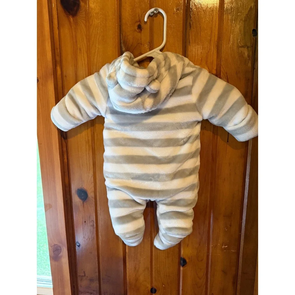Wonder Nation Baby Bunting Suit Grey White Striped Hooded Fleece Pram 0-3M